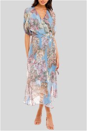 Blue Floral Silk Wrap Dress