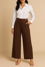 Dress Hire Brunch AERE	Linen Wide Leg Pants - Brown Gingham