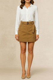 Dress Hire Brunch CUE Cotton Topstitched Mini Skirt Brown