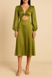 Dress Hire Cocktail AERE Long Sleeve Satin Midi Dress Green