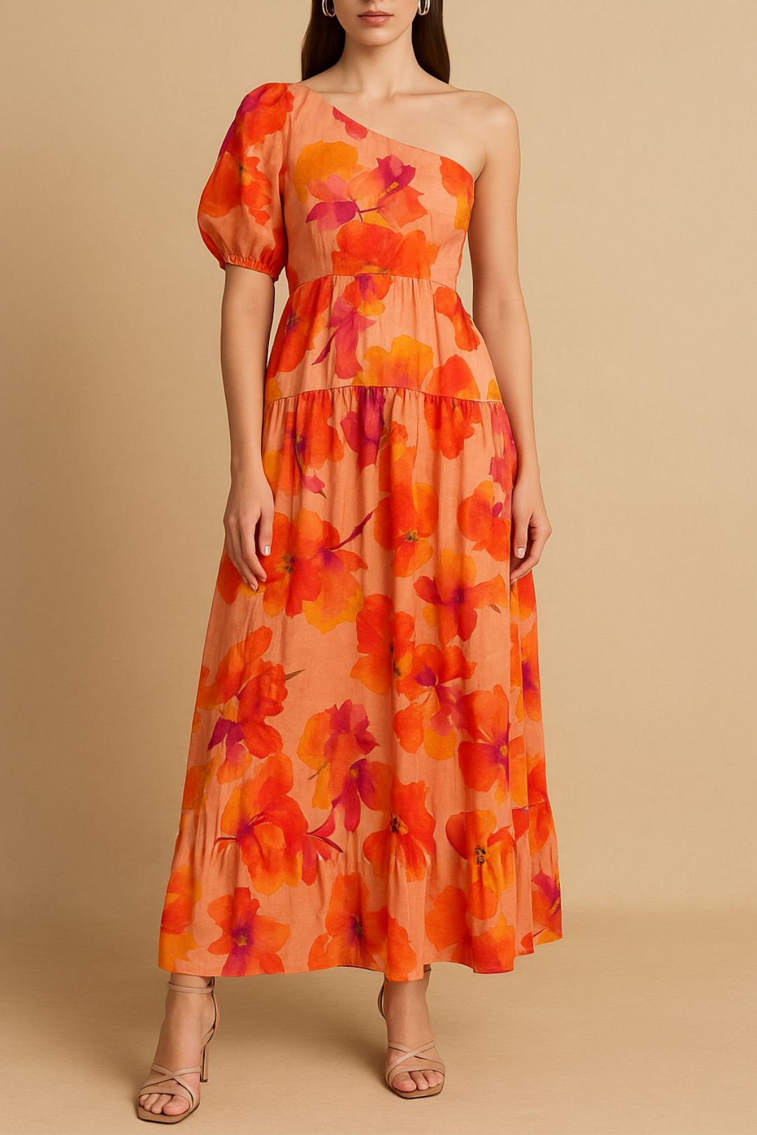Dress Hire daytime event AERE One Shoulder Tiered Dress Clementine Print