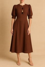 Dress Hire Daytime event Veronika MaineDouble Buttons Puff Sleeve Midi Dress Brown