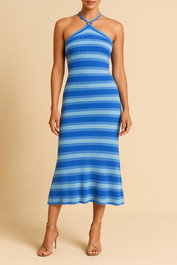 Dress Hire Party Kinga Csilla  Striped Blue Knit Halter Dress