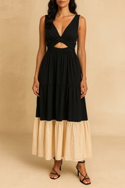 dress hire party Veronika Maine	Soft Tencel Spliced Tiered Dress in Ink/Cream