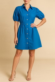 Dress Hire Work Event CUE	Gathering Waist Shirt Dress in Blue Mini