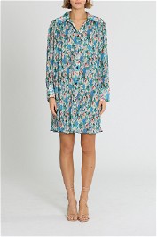 Ganni Pleated Georgette Long Sleeve Mini Dress Floral Azure Blue