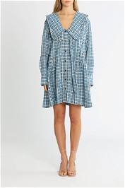 Ganni Seersucker Long Sleeve Mini Dress Check Azure Blue