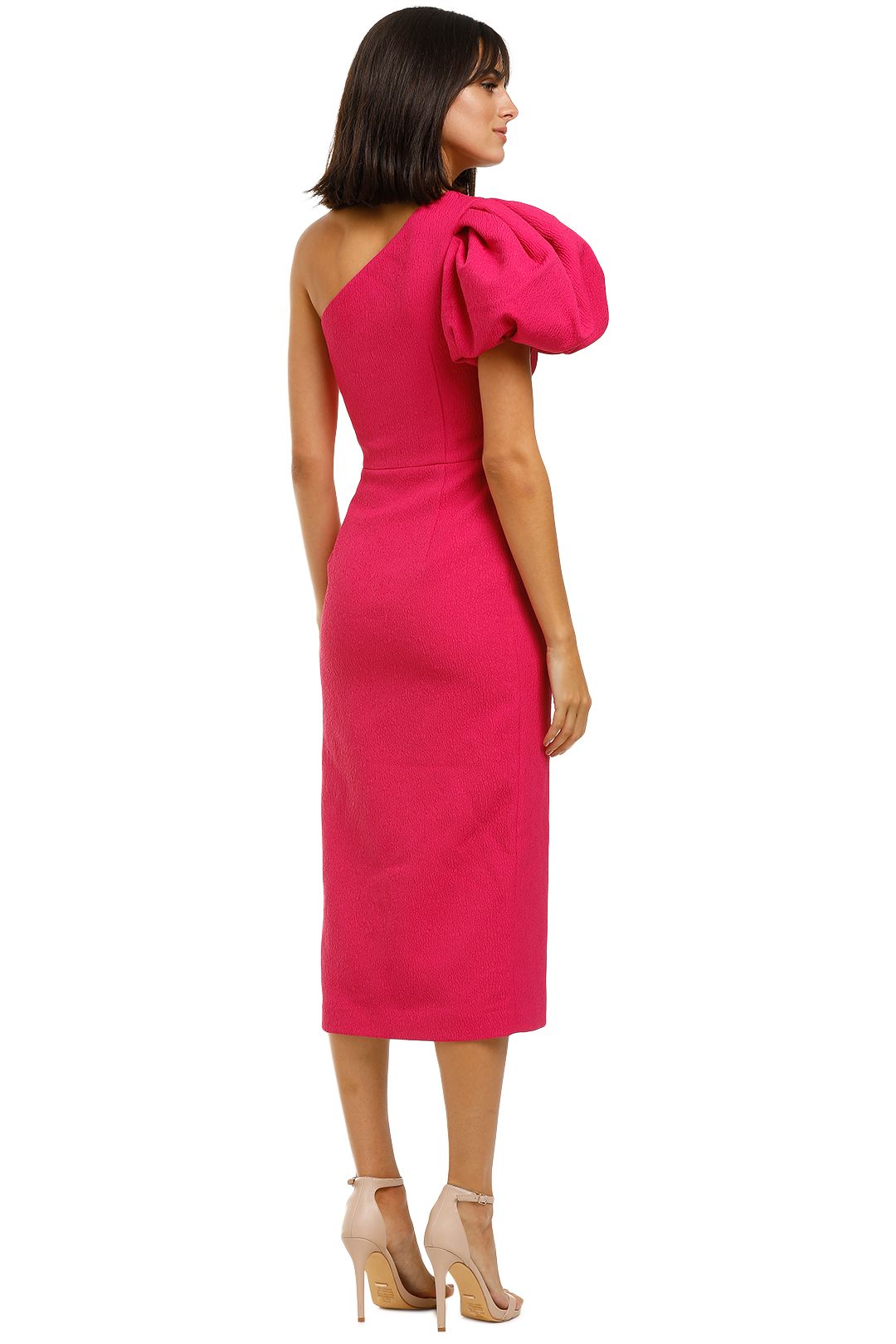 Rebecca-Vallance-Natalia-One-Sleeve-Midi-Dress-Magenta-Back