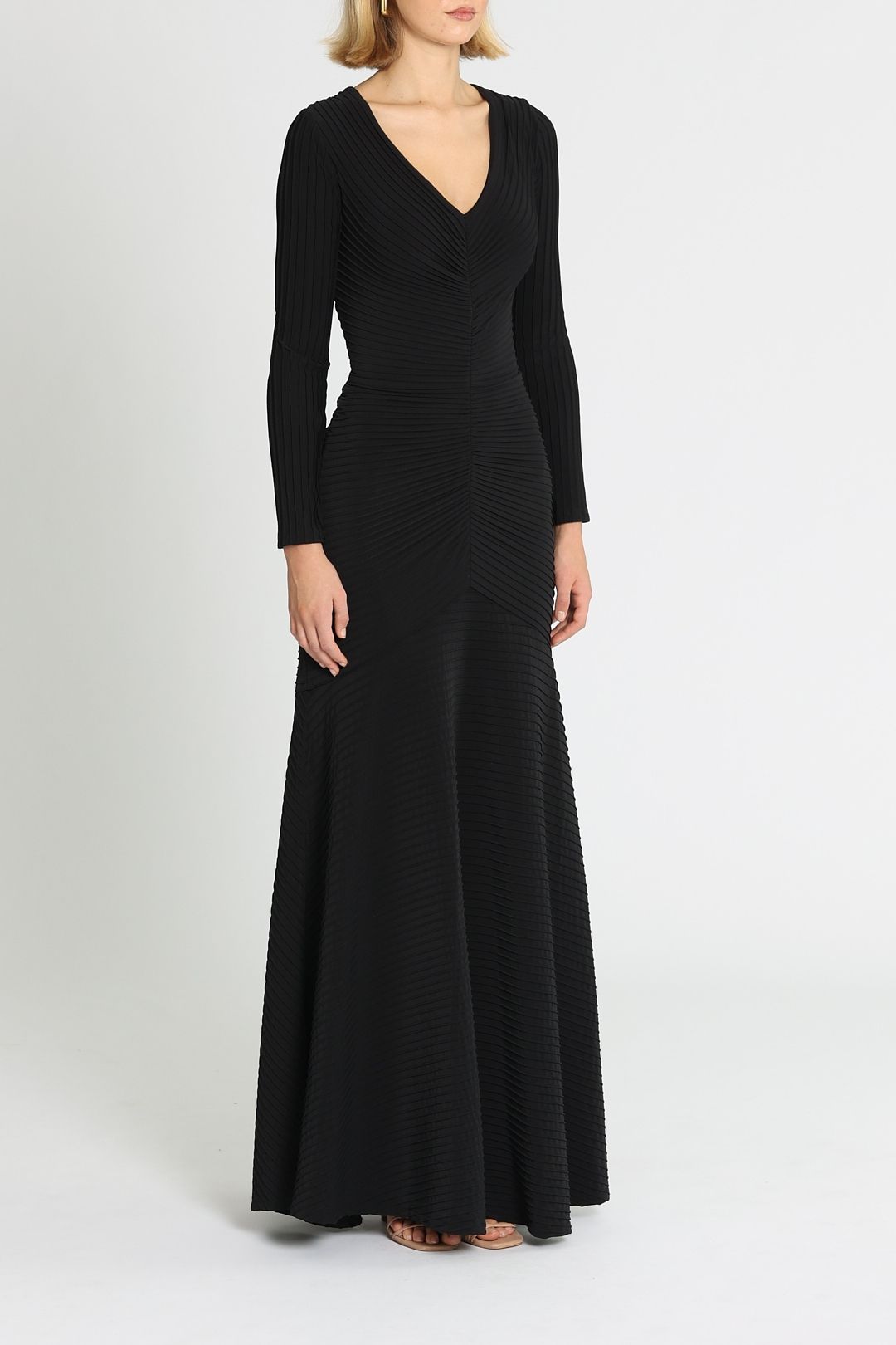 Tadashi Shoji Elias Long Sleeve Pintuck Gown V Neck